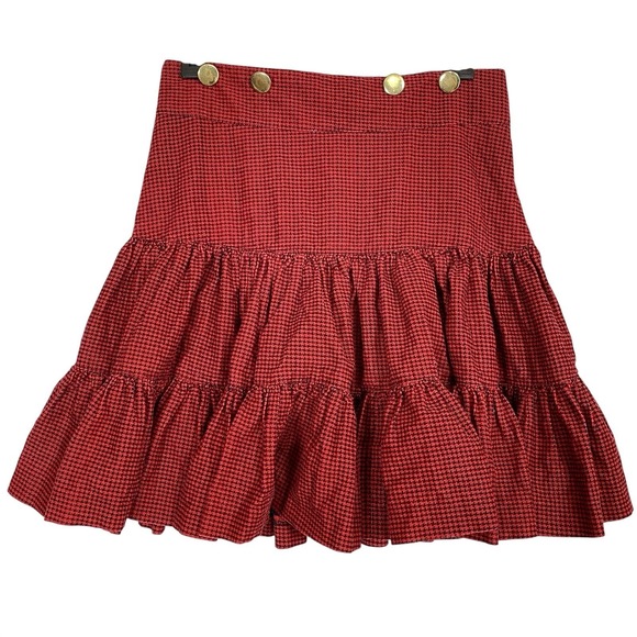 Betsey Johnson Dresses & Skirts - Vtg Sz 8 Betsey Johnson Y2K Houndstooth Tiered Skirt Ruffle Red Suspender RARE